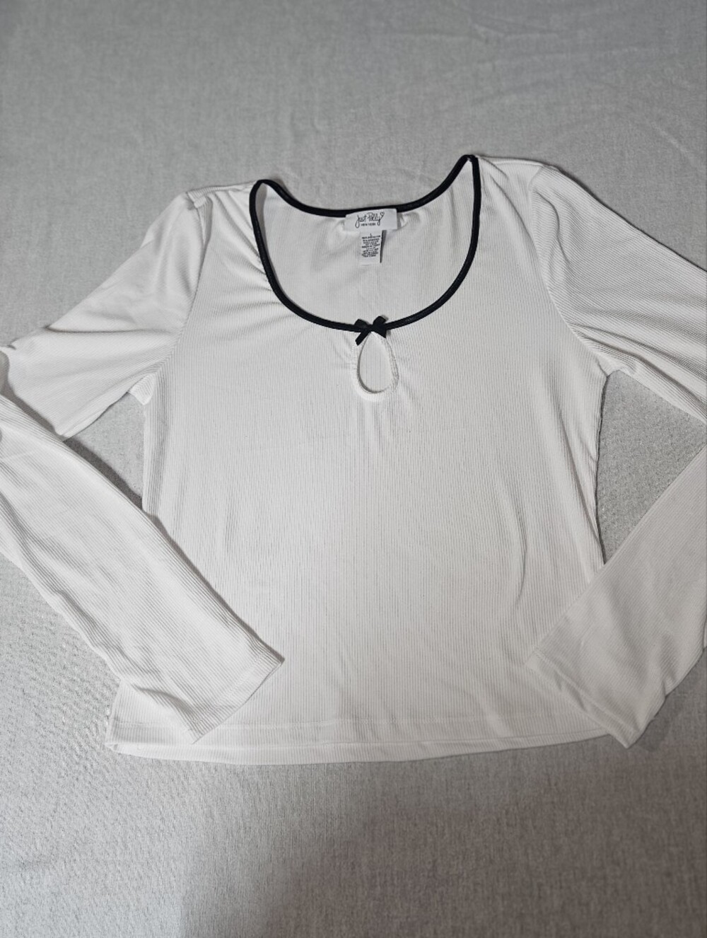 Just Polly White Long-Sleeve Keyhole Tee with Black Trim